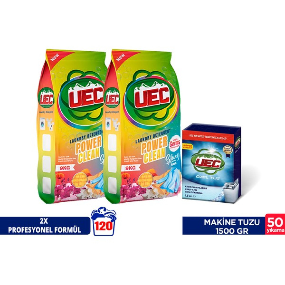 Uec Matik 9 kg Toz Deterjan - Renkliler x 2 ve Uec Özel Tuz 1,5kg - 18 kg Çamaşır Deterjanı Fiyatı