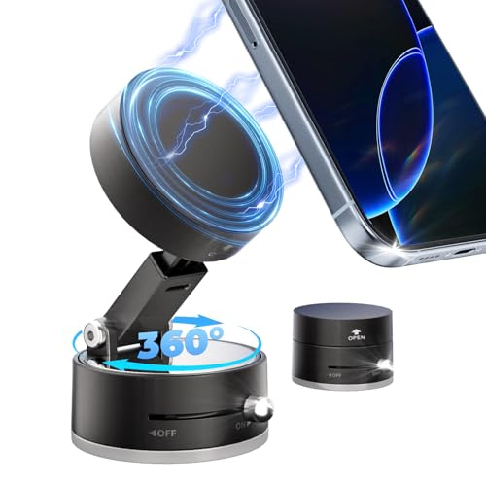 UEEMEE Foldable Vacuum Magnetic car Phone Holder for Magsafe, 360° Rotatable Suction Phone Mount, Strong Suction Cup Magnetic Car Phone Holder for iPhone, Samsung, All Smartphones & All Car Models