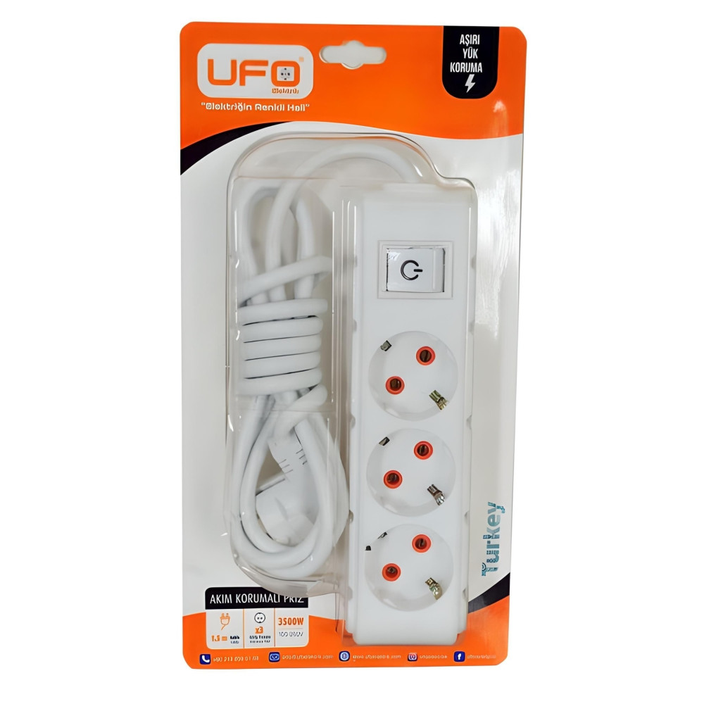 UFO 3500w Akım Korumalı Anahtarlı Kablolu (1.5 Metre) Üçlü Grup Priz Beyaz Prizler Fiyatı