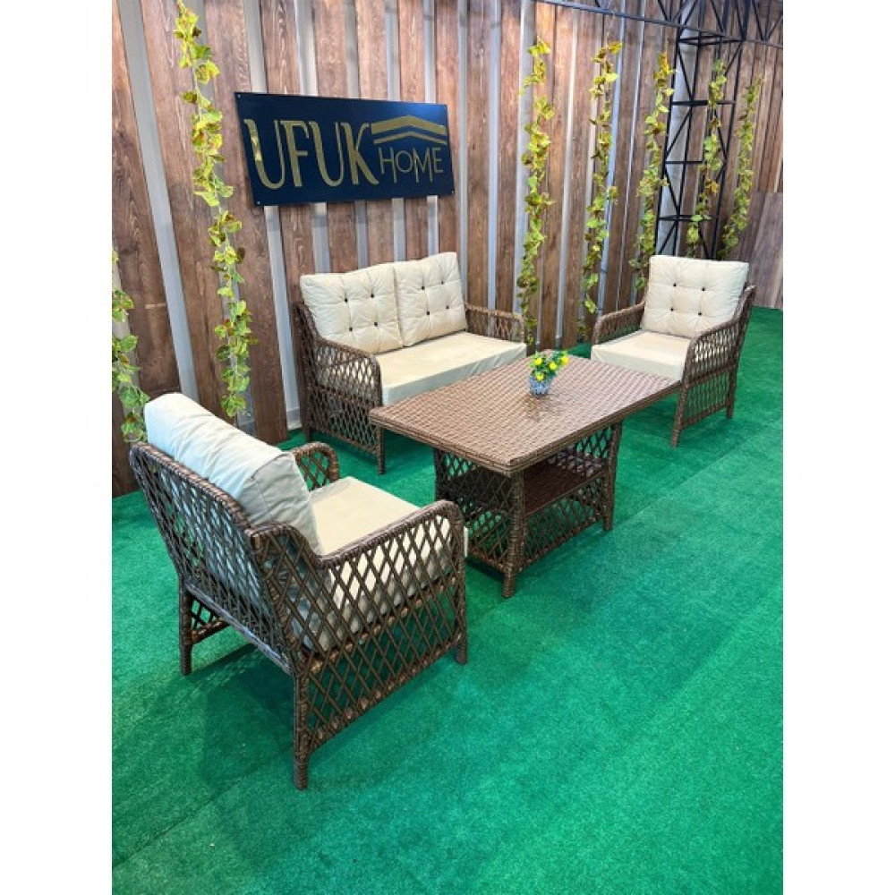 Ufuk Home Karesi 2+1+1 + Masa Rattan Koltuk Takımı Kahverengi - Krem Bahçe Mobilyası Takımı Fiyatı