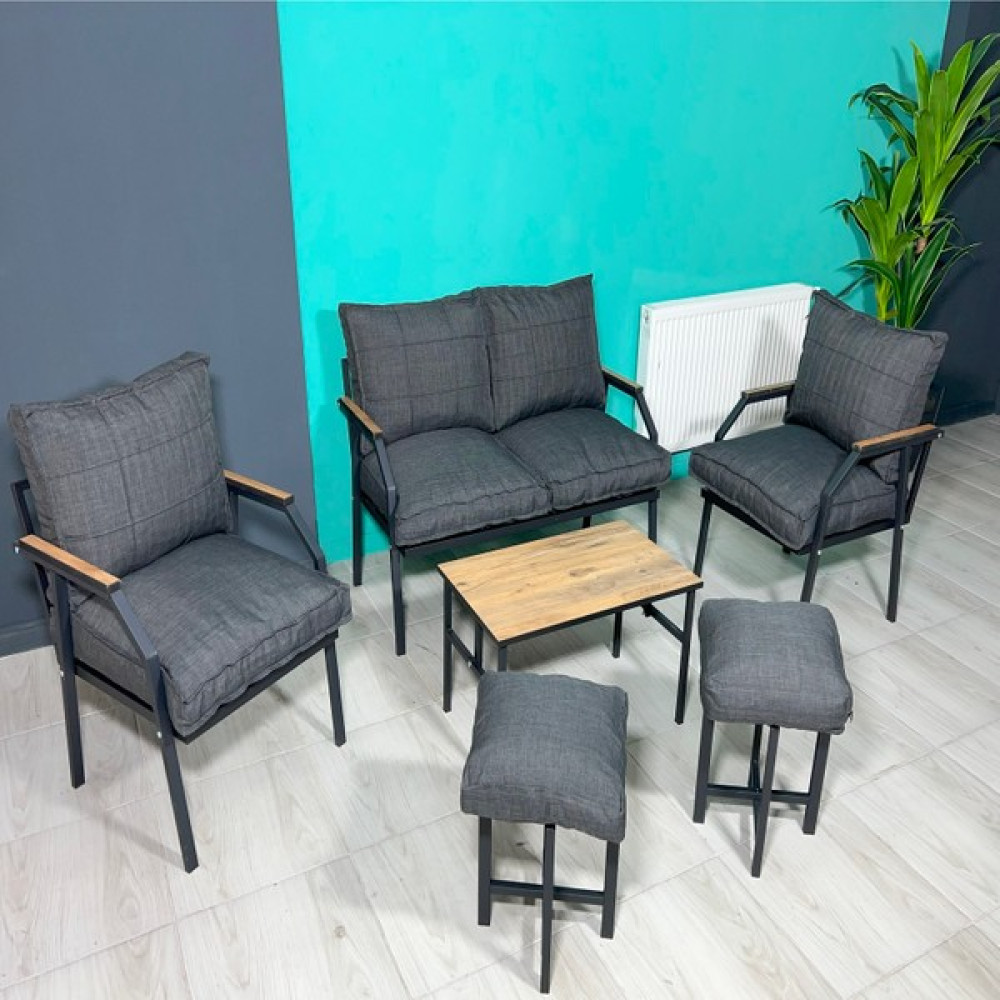Ufuk Home Linda 2+1+1 + 2 Puf + Sehpalı Antrasit Oturma Grubu, Koltuk Takımı,puflu bahçe balkon takımı Bahçe Mobilyası Takımı Fiyatı