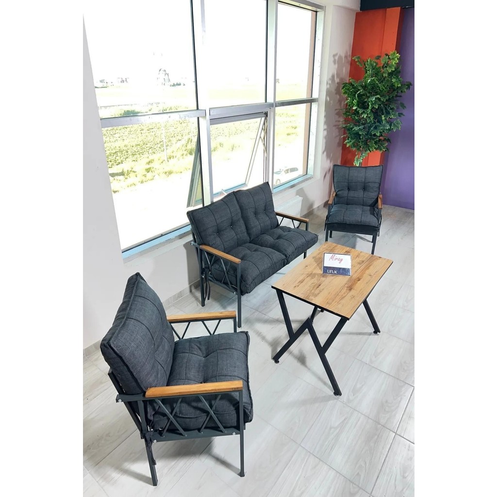 UFUK HOME Miray 211 Masalı Antrasit Fermuarlı Bahçe Balkon Takımı, Salon, Teras- Berjer Düğmeli Metal Çay Seti Bahçe Mobilyası Takımı Fiyatı