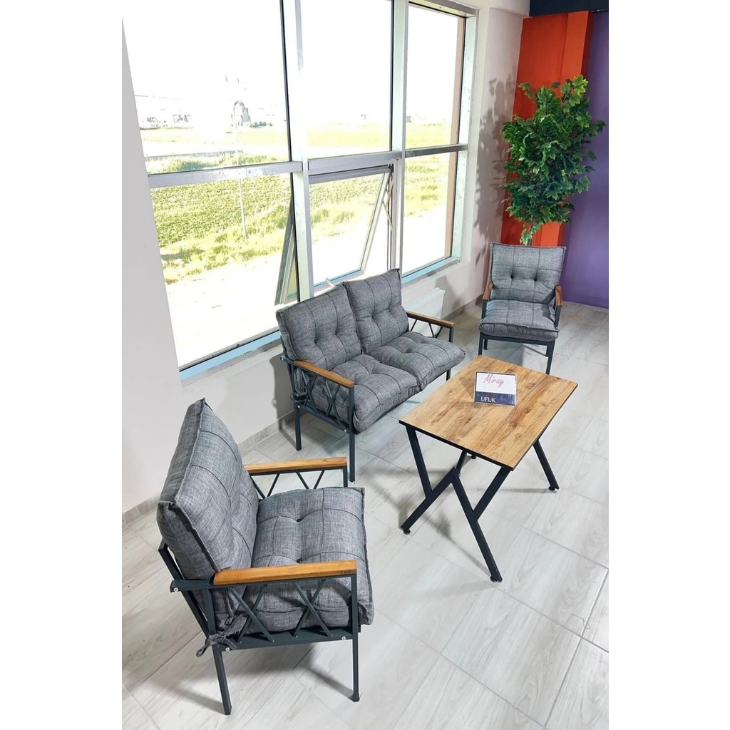 UFUK HOME Miray 211 Masalı Gri Fermuarlı Bahçe Balkon Takımı, Salon, Teras- Berjer Düğmeli Metal Çay Seti Bahçe Mobilyası Takımı Fiyatı