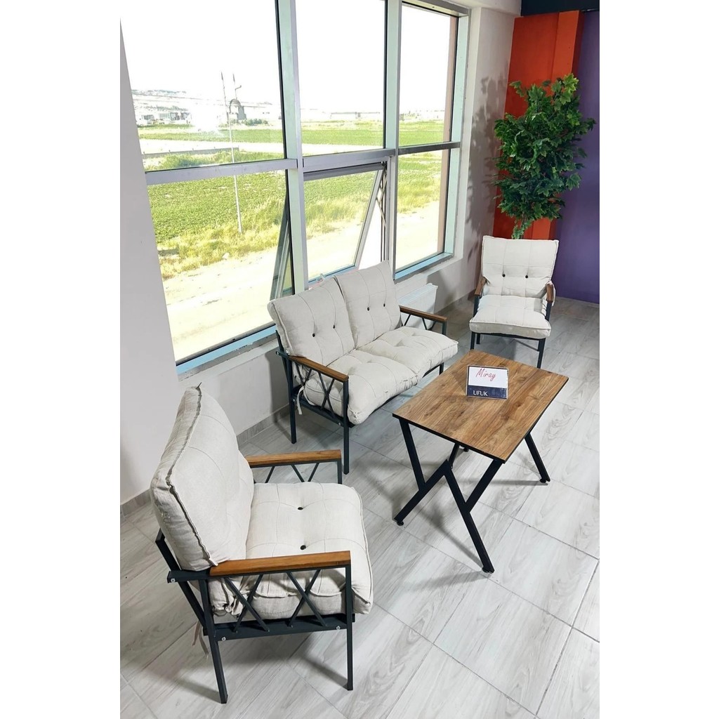 UFUK HOME Miray 211 Masalı Krem Fermuarlı Bahçe Balkon Takımı, Salon, Teras- Berjer Düğmeli Metal Çay Seti Bahçe Mobilyası Takımı Fiyatı