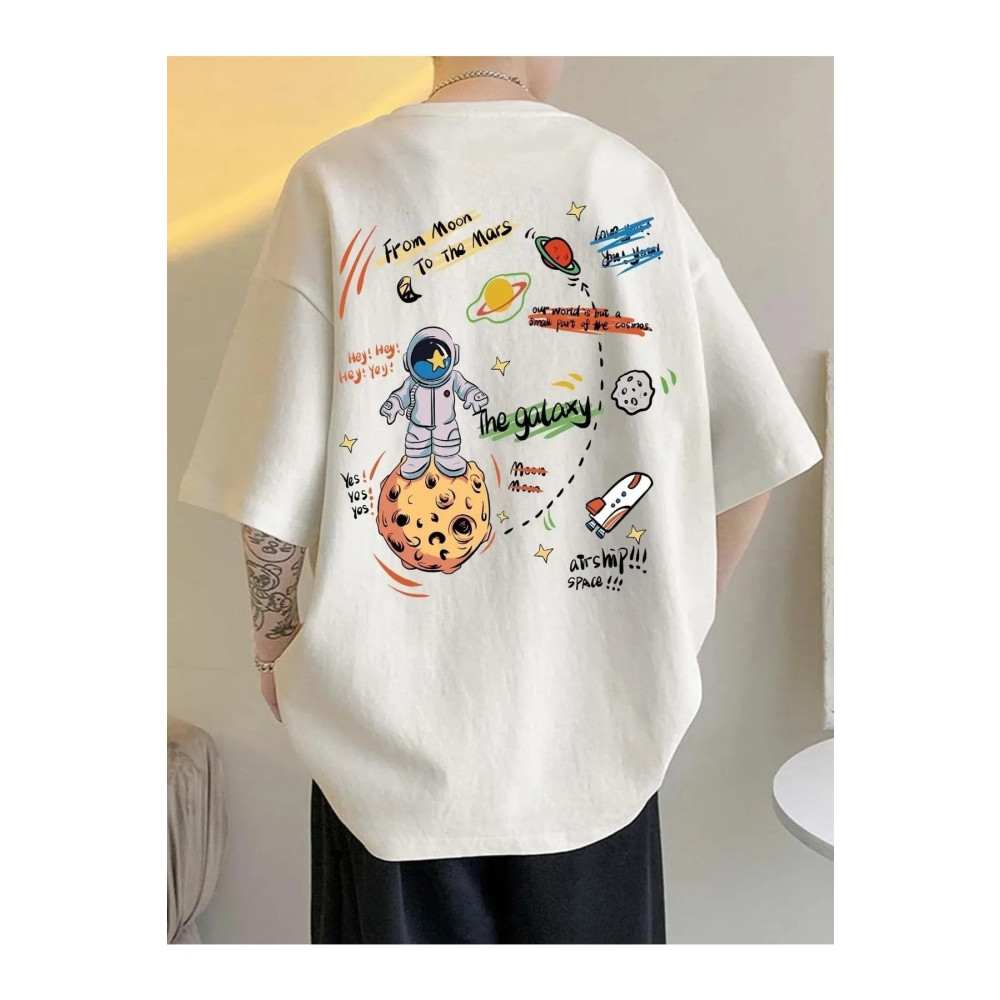ufukmoda Unisex Beyaz Arkası Gezegen Baskılı Oversize Bisiklet Yaka Tshirt XL Beden Bayan T-shirt Fiyatı