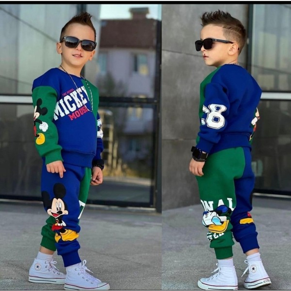 Uğur Bebe Mavi Yeşil Mickey Mouse Eşofman TAKIMI-Pamuk Erkek Çocuk Giyim Takımı Fiyatı