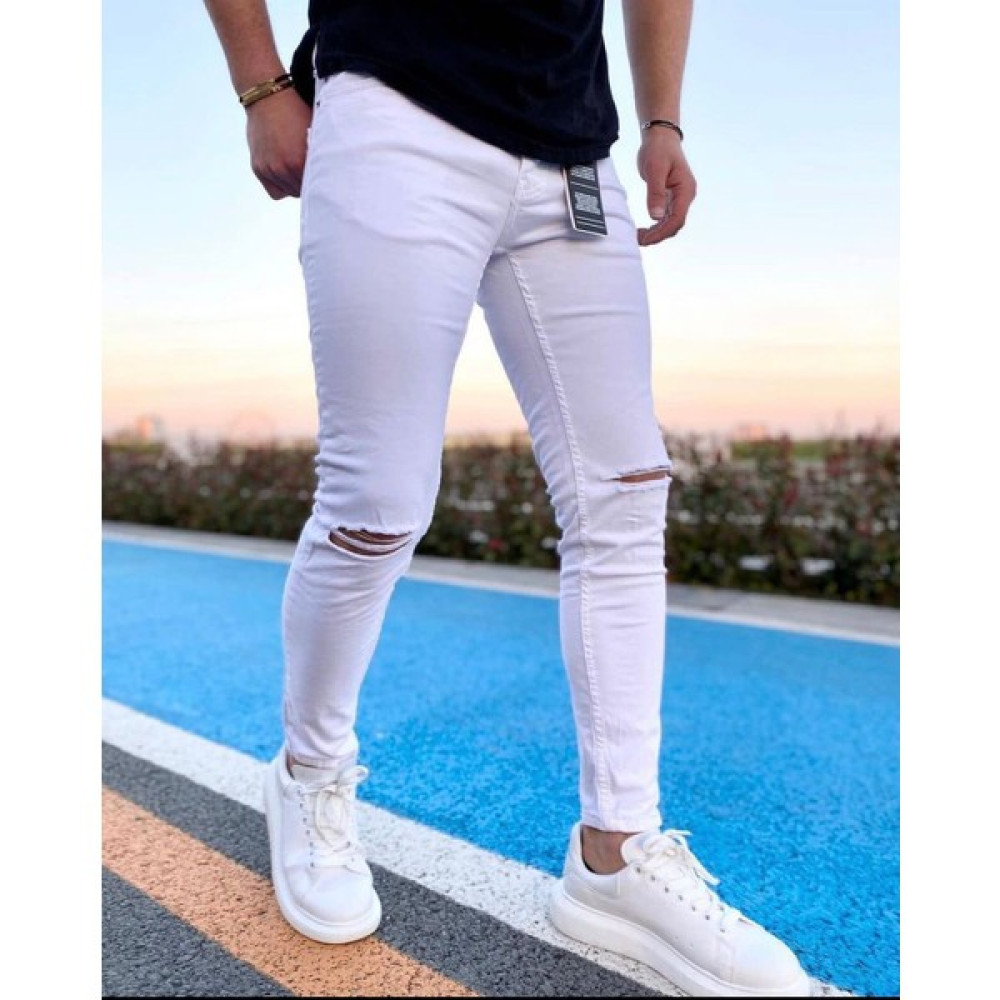 ukdwear Erkek Beyaz Dar Kesim Dizi Yırtık Jeans Erkek Jeans / Kot Pantolon Fiyatı