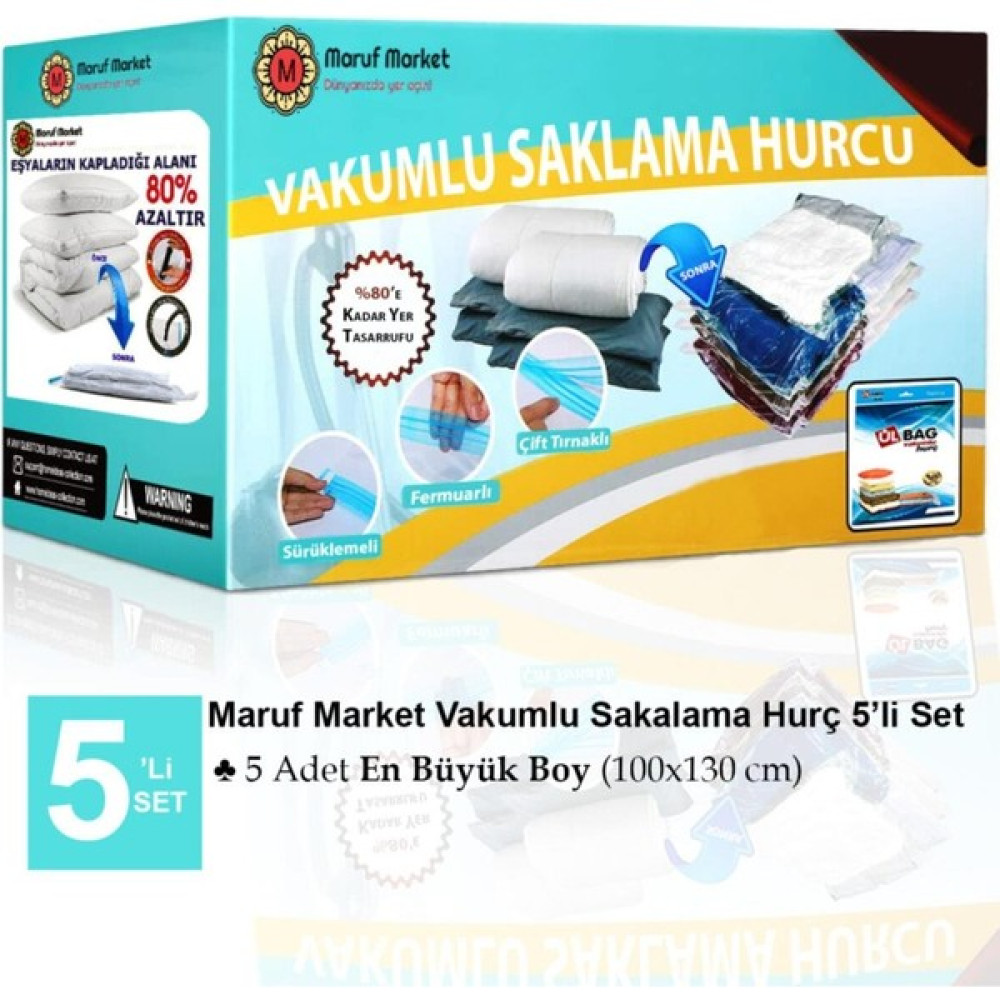 Ülbag Marufmarket Vakumlu Saklama Poşet Seti 5’li 100X130CM (En Büyük Boy) Yorgan ve Döşek 5'li Saklama Kapları Fiyatı