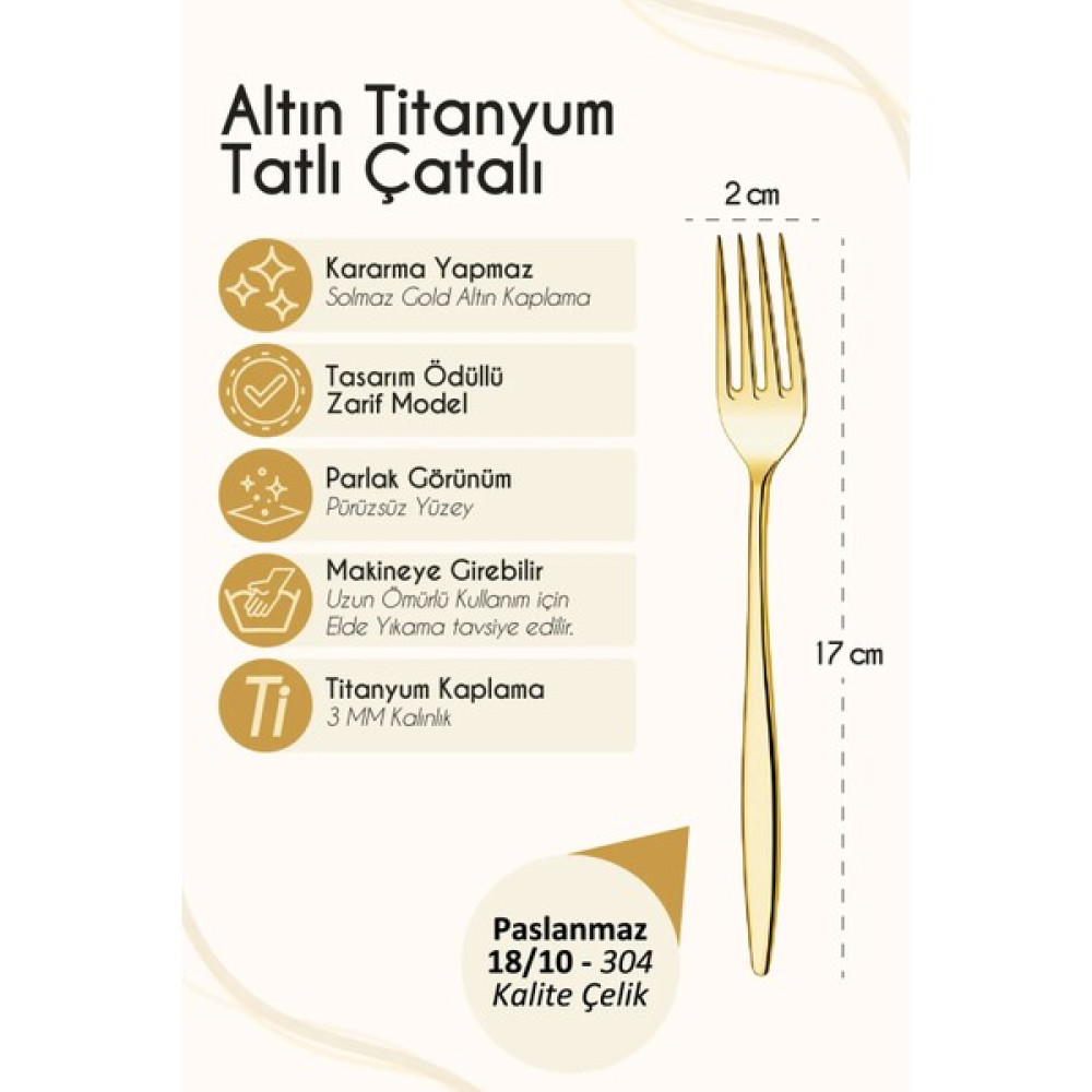 Ülgenev 6 Adet Gold Titanyum Paslanmaz 18/10 Çelik Tatlı Çatalı Çatal / Kaşık / Bıçak Takımları Fiyatı