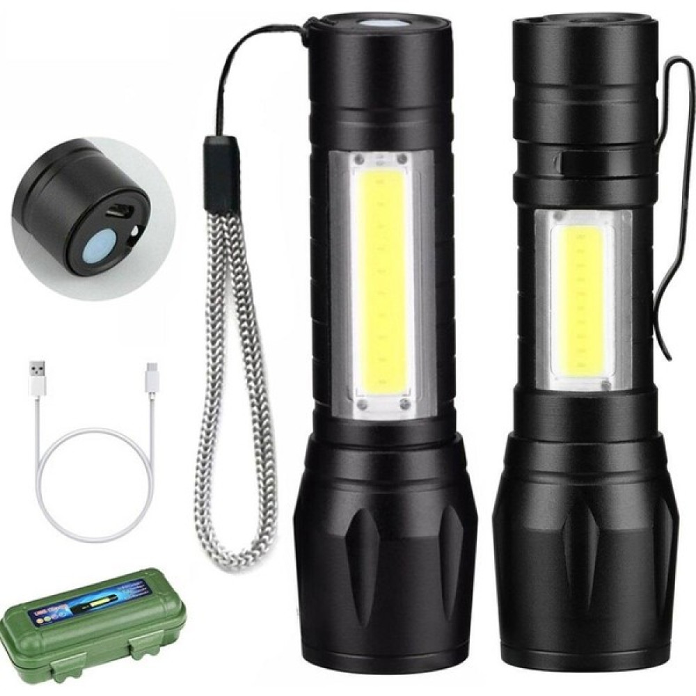 Ultra Güçlü USB Şarjlı Mini El Feneri Kutulu Kamp Feneri Avcılık Feneri 2 Mod Yan LED 3W El Feneri Fiyatı