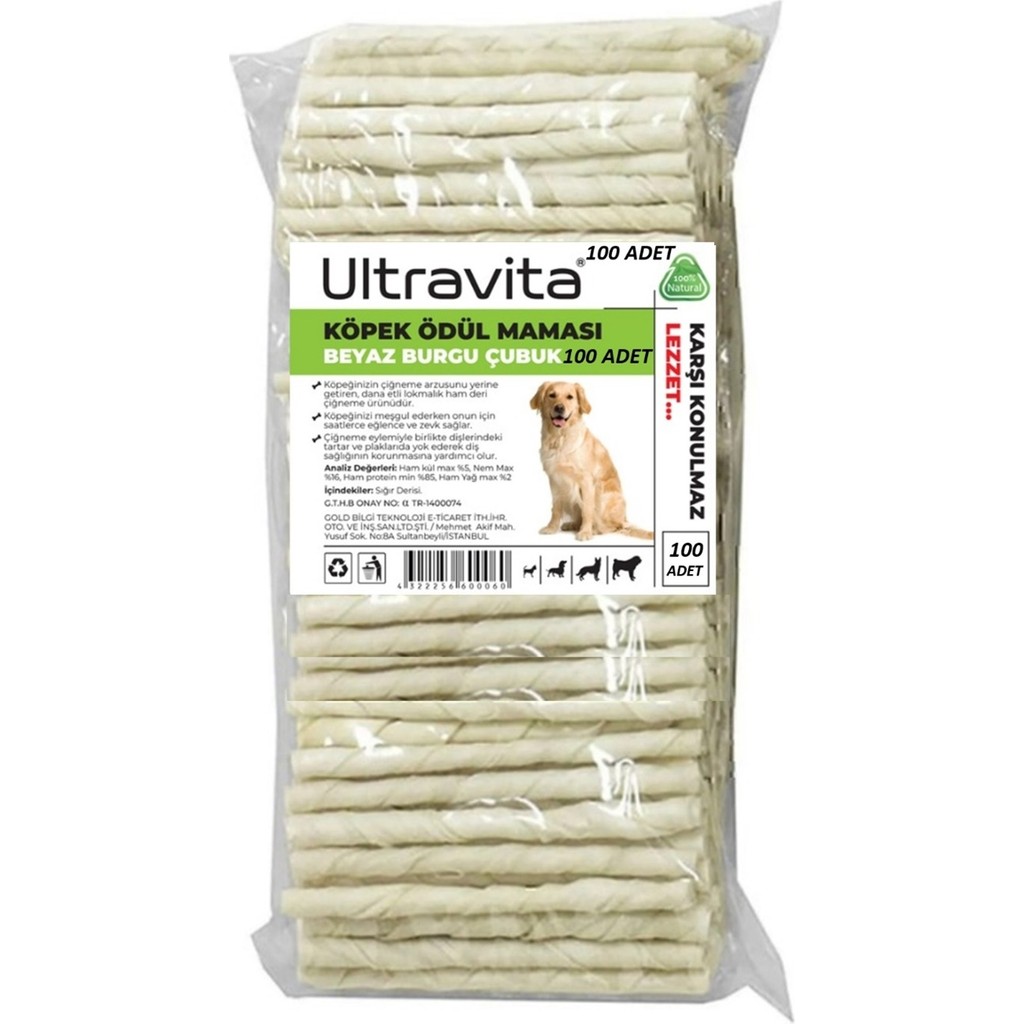 Ultravita 100'lü Beyaz Burgu Çubuk Köpek Ödül Maması %85 Zenginleştirilmiş Protein Kaynağı Doğal Lezzet Evcil Hayvan Ürünleri Fiyatı