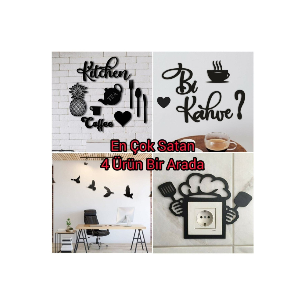 ULTTASARIM Kitchen 9 Parça + Mutfak Priz + Bi Kahve + 4lü Kuş Duvar Dekoru 4 Ürün 1 Arada Obje Fiyatı