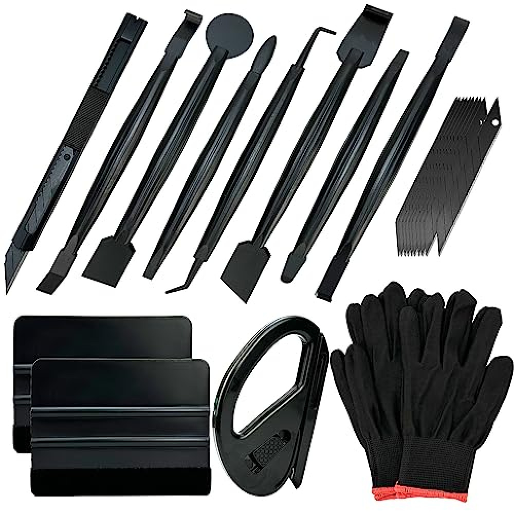 Umaki Automotive Vinyl Wraps Tools Tint Film Kit Wallpaper Tools Decal Applicator with 2 Pairs Vinyl Wrap Gloves, 4inch Felt Squeegee, Razor Safety Cutter, Edge Trimmer, Black Vinyl Knife