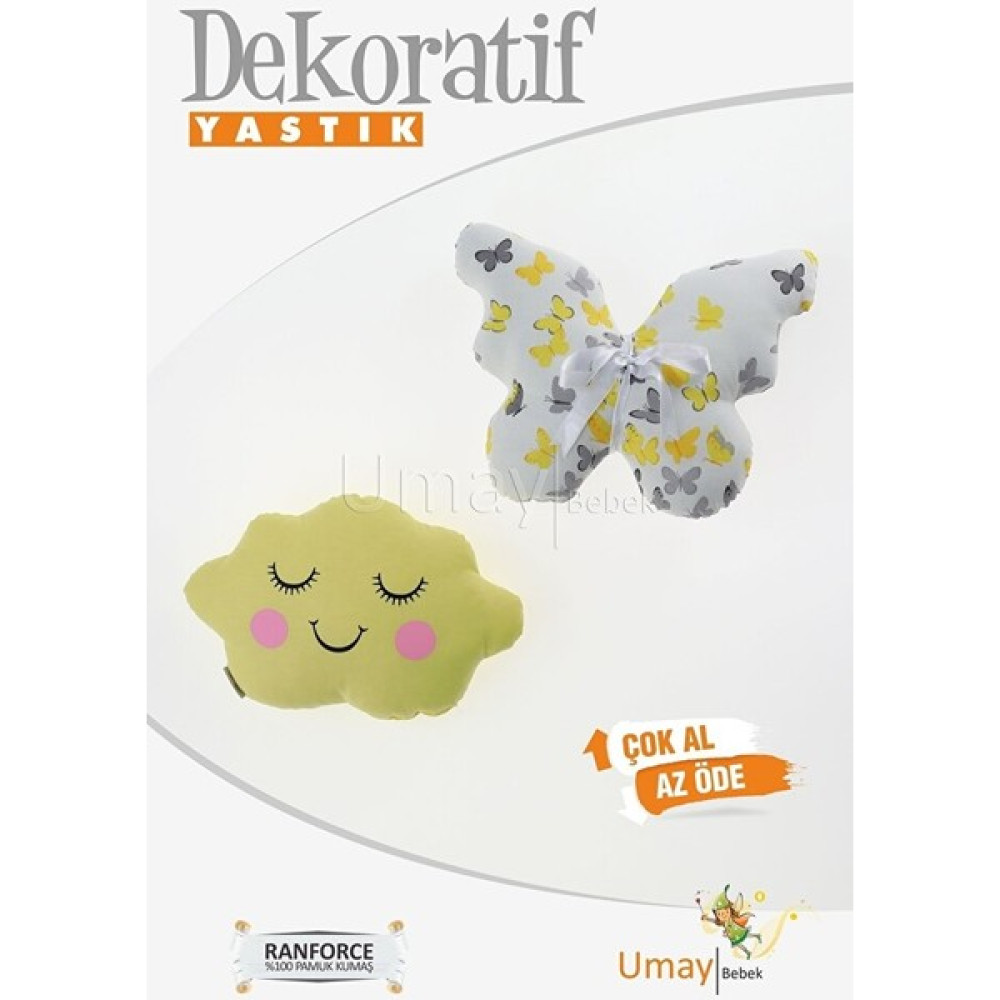 Umaybebek Bebek Çocuk Odası Dekoratif Yastık, Kelebek Yastık, Bulut Yastık, Dekor Yastık - 40 x 30 cm - Sarı Kırlent / Mobilya Yastığı Fiyatı