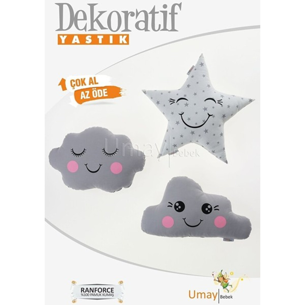 Umaybebek Bebek Çocuk Odası Dekoratif Yastık, Yıldız Yastık, Bulut Yastık, Dekor Yastık - 40 x 30 cm - Gri Kırlent / Mobilya Yastığı Fiyatı