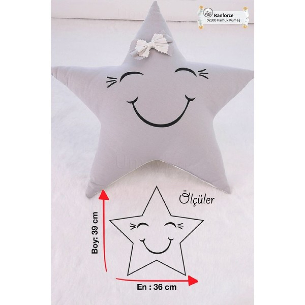 Umaybebek Bebek çocuk odası Yıldız Yastık, Dekoratif yastık gri fiyonklu - 21 x 37 cm Kırlent / Mobilya Yastığı Fiyatı