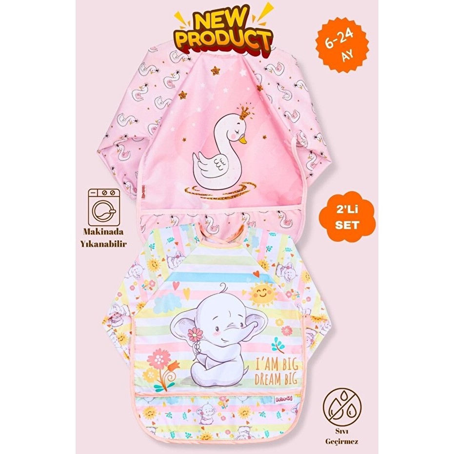 UmBaby 2’li Bebek Mama Önlüğü Seti – Unicorn ve Fil Baskılı, Sıvı Geçirmez Uzun Kollu Önlük - Çok Renkli - 6 - 24 Ay Bebek Mamaları Fiyatı