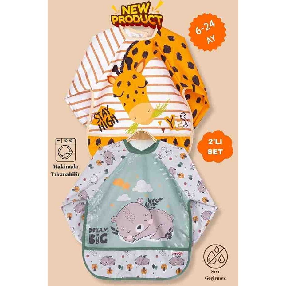 UmBaby 2'li Uzun Kollu Giyilebilir Zürafa-Sevimli Ayı Desen Sıvı Geçirmez Aktivite ve Mama Önlüğü 6-24 Ay - Çok Renkli - 6 - 24 Ay Mama Önlüğü Fiyatı