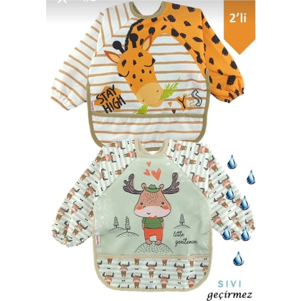 UmBaby Uzun Kollu Sıvı Geçirmez Mama Önlüğü Geyik ve Zürafa Desenli 2 Parça - Standart - Renkli Mama Önlüğü Fiyatı