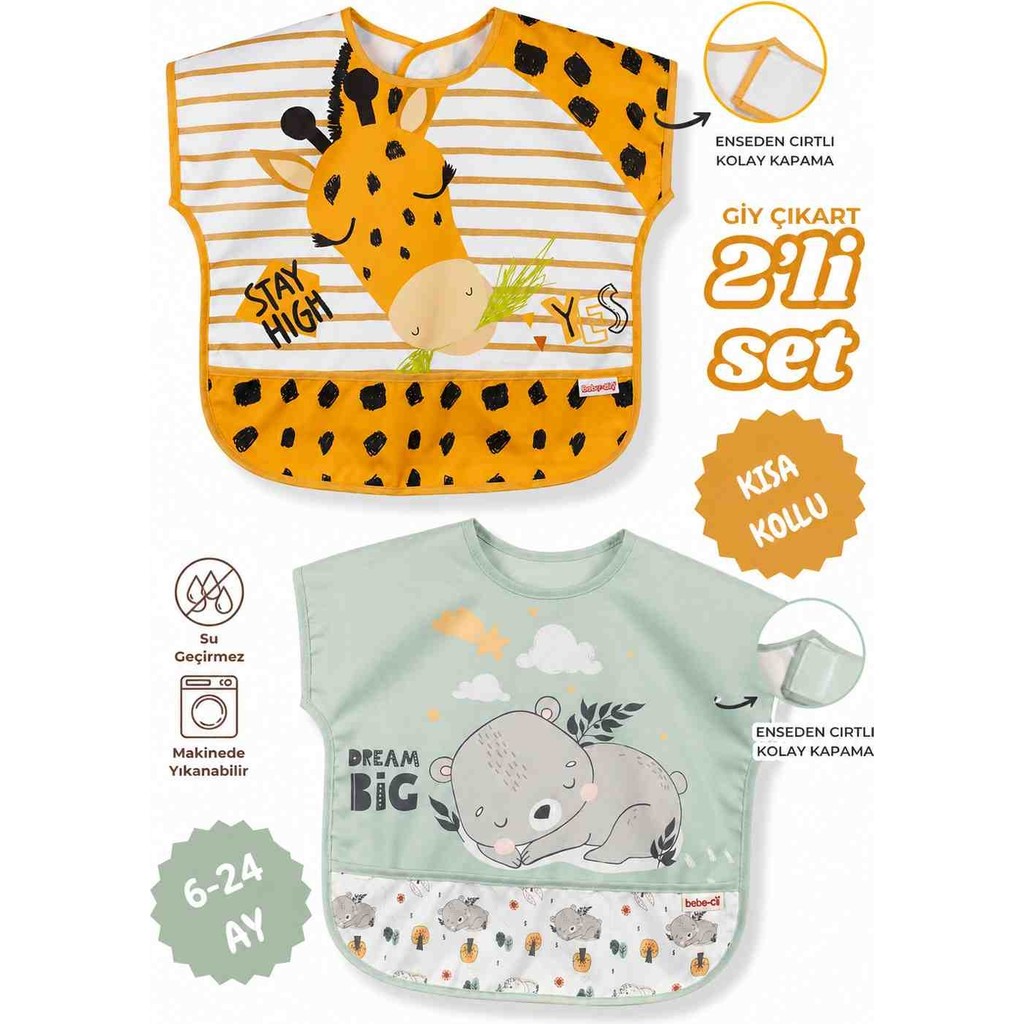 UmBaby Zürafa & Ayıcık Desenli Su Geçirmez Bebek Mama Önlüğü 2’li Set – Kısa Kollu, 6-24 Ay, Kolay Giydirme - Çok Renkli - 6 - 24 Ay Bebek Mamaları Fiyatı