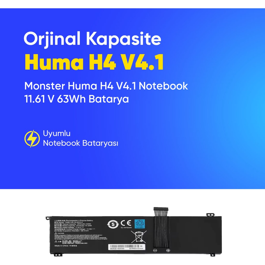 Ümit Maker Monster Huma H4 V4.1 Notebook 11.61 V 63Wh Batarya – Orijinal Uyumlu, Yüksek Performanslı - Siyah - 0 Laptop Batarya Pil Fiyatı