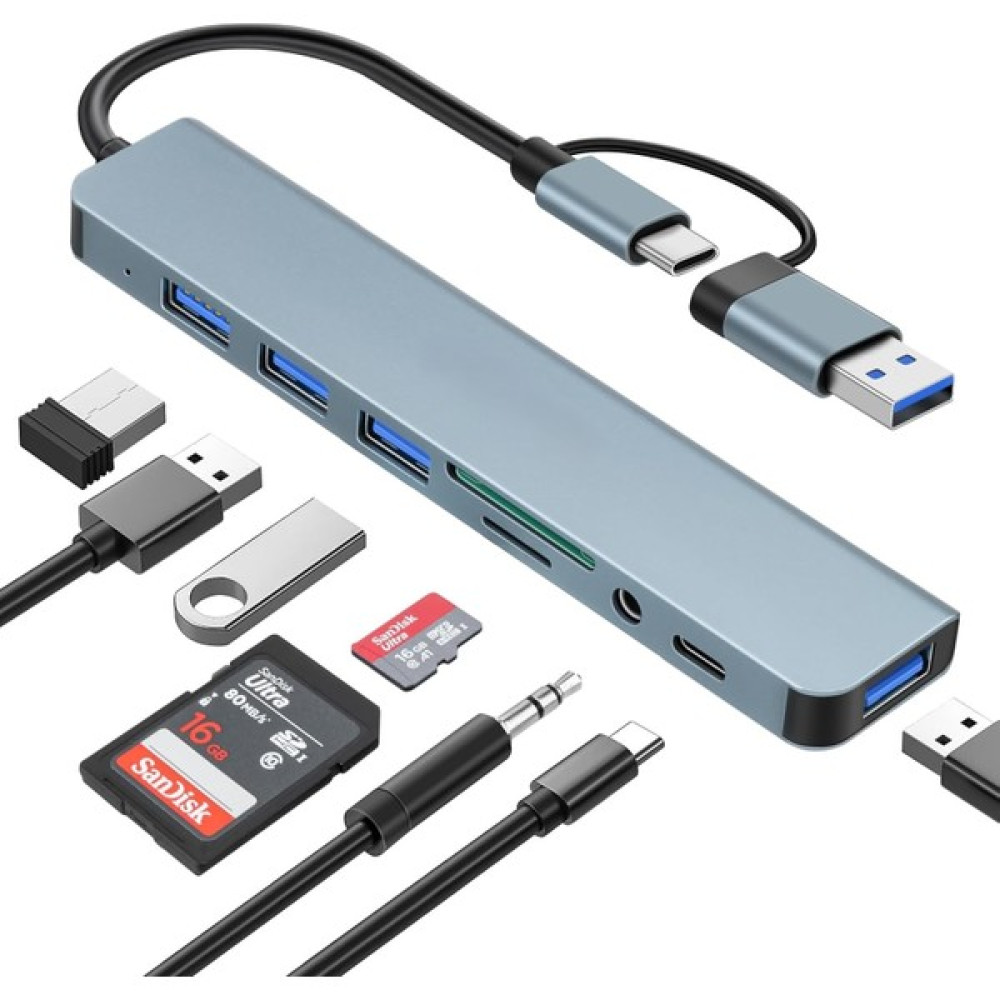 UmoTech USB Çoklayıcı 8 In 1 USB Type-C Hub Adaptör 4 USB Port Sd/tf Kart Okuyucu 3.5mm Ses Girişi Çoklayıcı - Gri Seri & Paralel Kablo Fiyatı