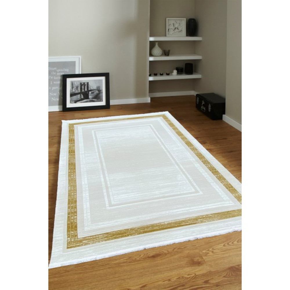 Ünal Carpet 4m2-6m2 Bambu Tarz Modern Sık Dokuma Halı Salon Oturma Odası Mutfak Halısı Antialerjik Beyaz Gold - 160 x 230 cm - Beyaz - Gold Salon Halısı Fiyatı