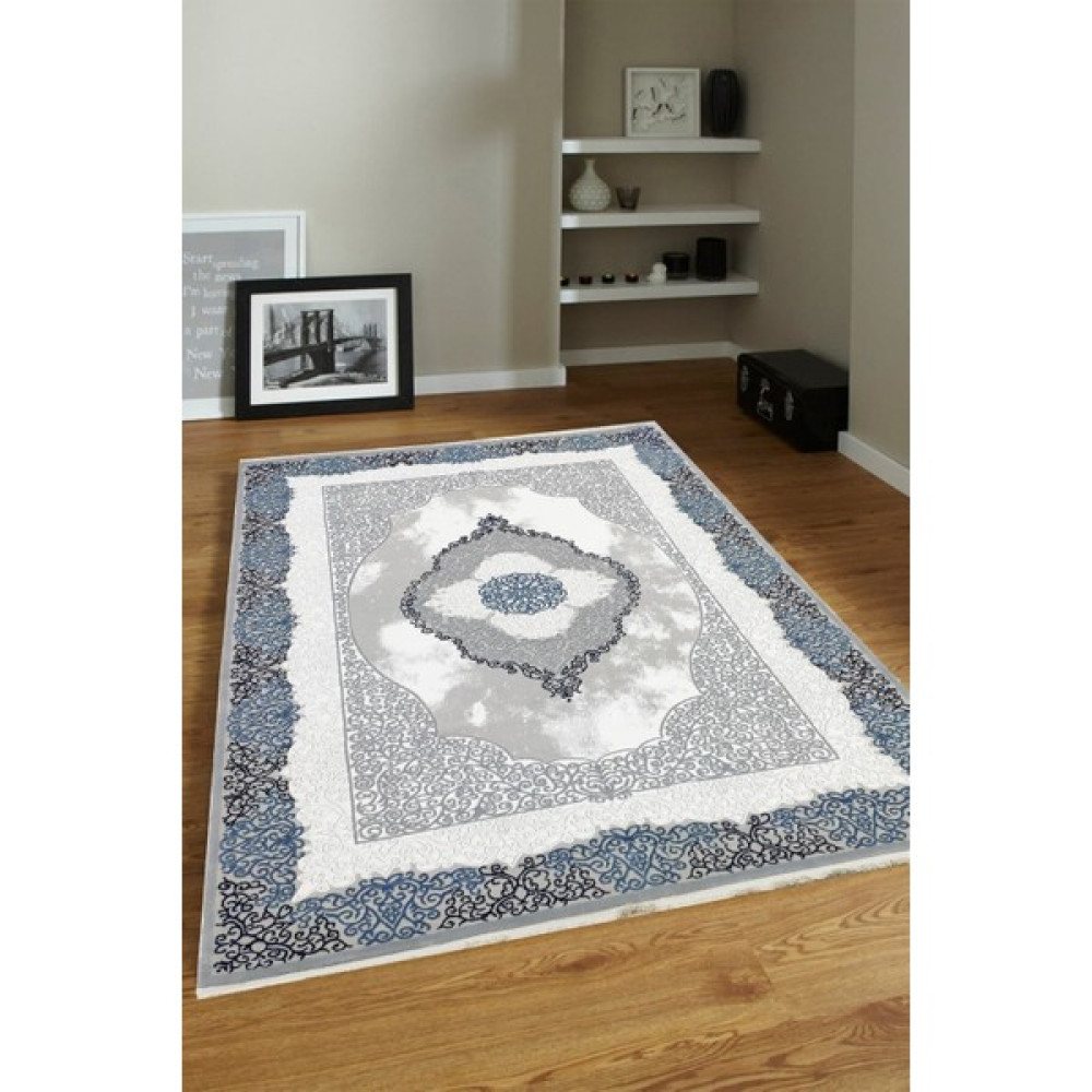 Ünal Carpet 4m2 - 6m2 Modern Kalın Sık Dokuma Salon ve Oturma Odası Halısı Antialerjik Hav Toz Vermez 6294MAVI - 160 x 230 cm - Mavi - Beyaz Salon Halısı Fiyatı