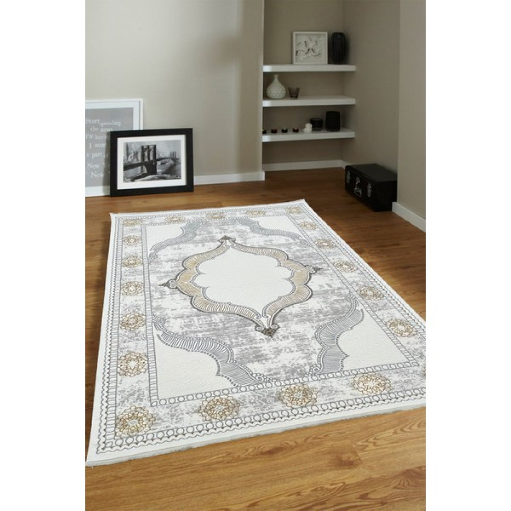 Ünal Carpet 4m2 - 6m2 Modern Kalın Sık Dokuma Salon ve Oturma Odası Halısı Antialerjik Hav Toz Vermez-Beyaz Gold - 200 x 290 cm - Beyaz - Gold Salon Halısı Fiyatı