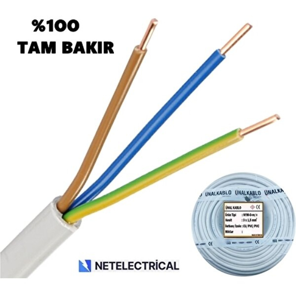Ünal Kablo 3x1,5 Nym - Antigron Kablo 10 Metre - Gri Elektrik ve Aydınlatma Fiyatı