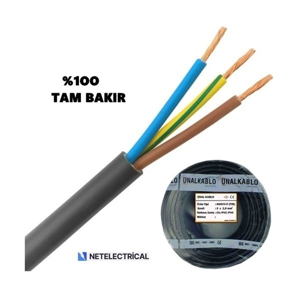 Ünal Kablo 3x2.5 Ttr 10 Metre - Siyah Kaliteli %100 Tam Bakır Kablo Elektrik ve Aydınlatma Fiyatı