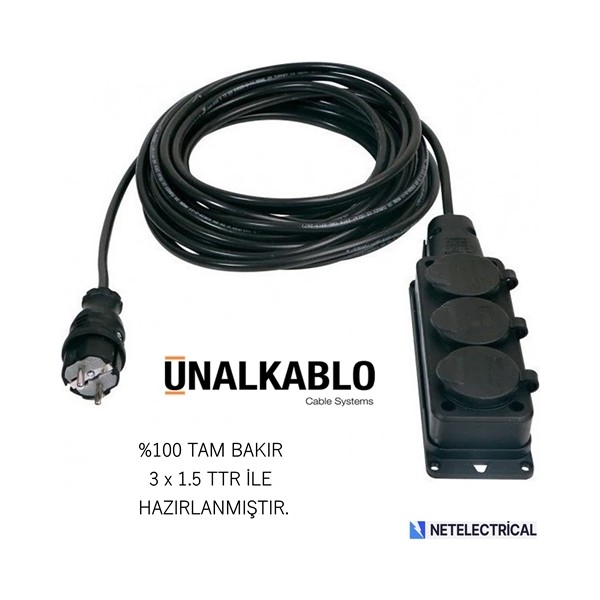 Ünal Kablo Kauçuk 3'lü (Üçlü) 5 Metre Grup Priz (3x1.5 TTR TAM BAKIR KABLO) - Siyah Prizler Fiyatı