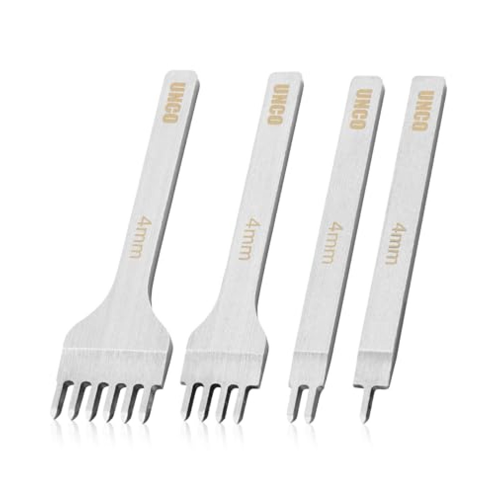 UNCO- Leather Stitching Punch, 4 Pack, 4 mm, 1/2/4/6 Prong, Leather Stitch Punch, Leather Fork Punch, Leather Chisel, Leather Hole Punch Tool, Leather Punch Tool, Stitching Chisel