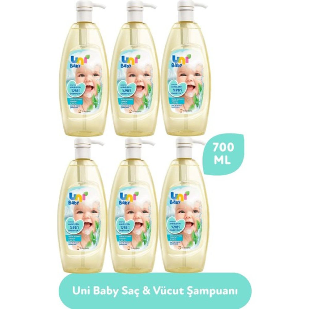 Uni Baby Saç ve Vücut Şampuan 700ML (Pompalı) (6 Lı Set) Bebek Şampuanı Fiyatı