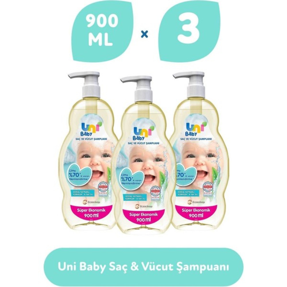 Uni Baby Saç ve Vücut Şampuan 900 ml 3'lü - Şeffaf Bebek Şampuanı Fiyatı