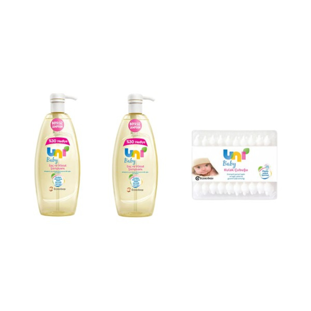Uni Baby Sensitive Şampuan 900 ml 2 Adet + Uni Baby Emniyetli 60' lı Kulak Çubuğu Bebek Şampuanı Fiyatı
