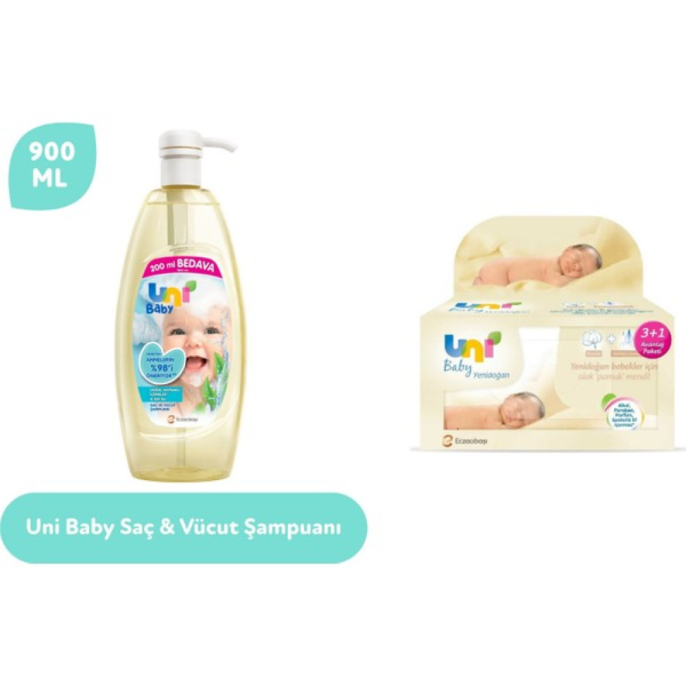 Uni Baby Yenidoğan Islak Pamuk Mendil 3'lü + Uni Baby Şampuan 900 ml Fırsat Paketi Bebek Şampuanı Fiyatı