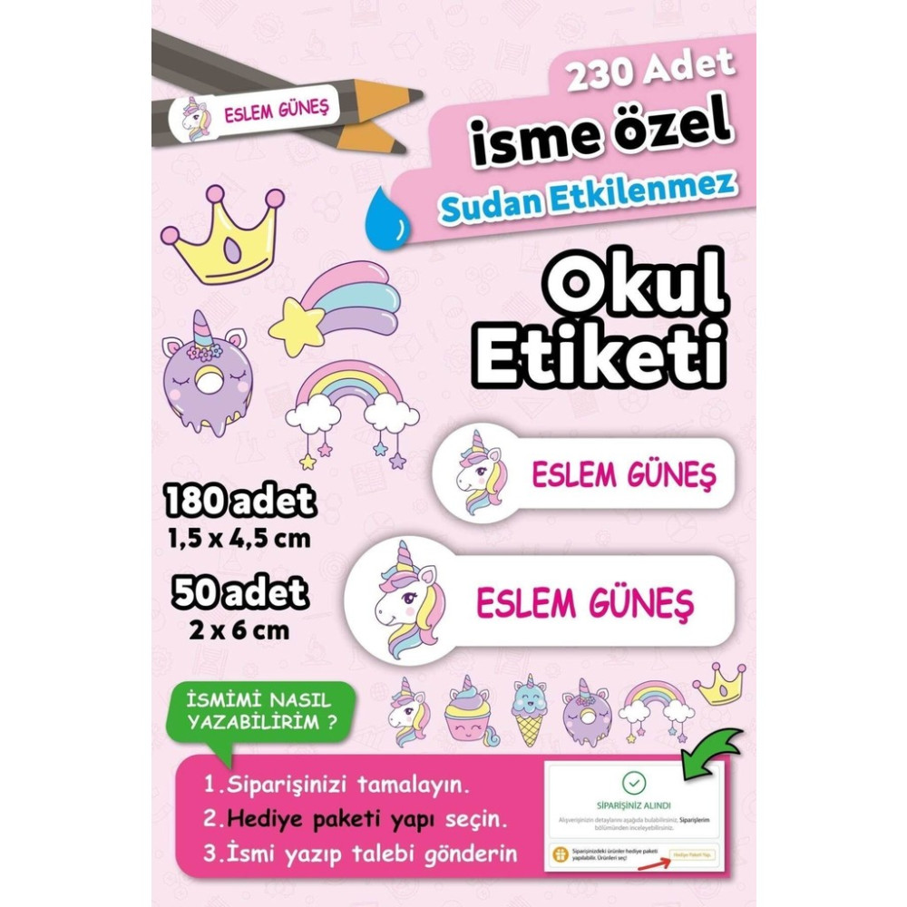 Unicorn Tasarımlı Kişiye Özel Isimli Defter Kalem Okul Etiketi, Yırtılmaz Pvc Etiket, Suya Dayanıklı - 230 Adet - Beyaz Okul Etiketi Fiyatı