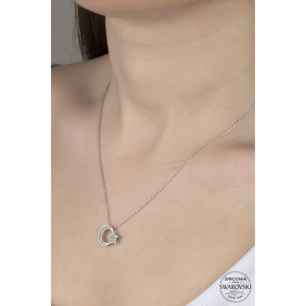 Union Takı Union Swarovski Zirconia Kadın Ay Yıldız Gümüş Kolye - Beyaz Gümüş Kolye Fiyatı