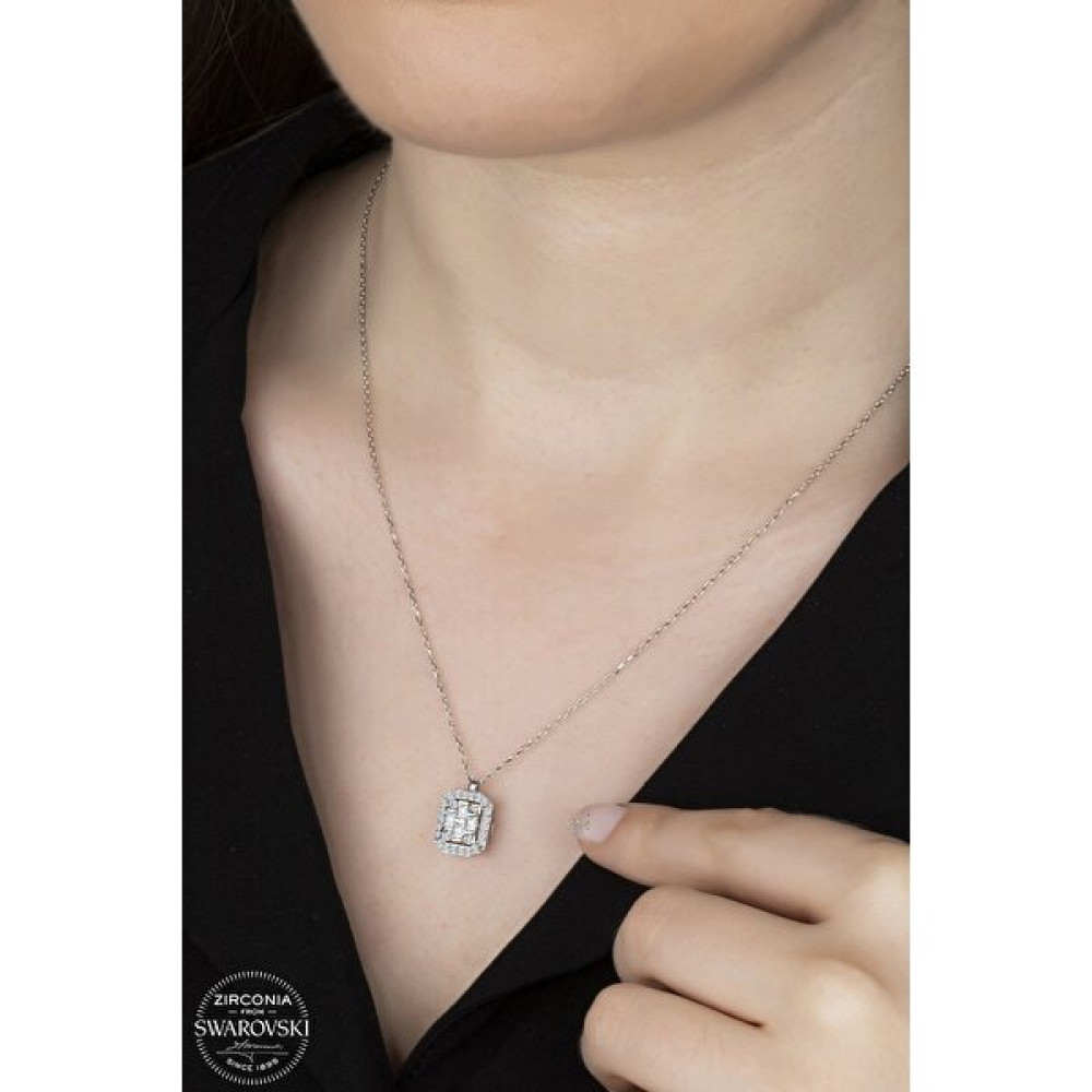 Union Takı Union Swarovski Zirconia Kadın Octagon Gümüş Kolye - Beyaz Gümüş Kolye Fiyatı