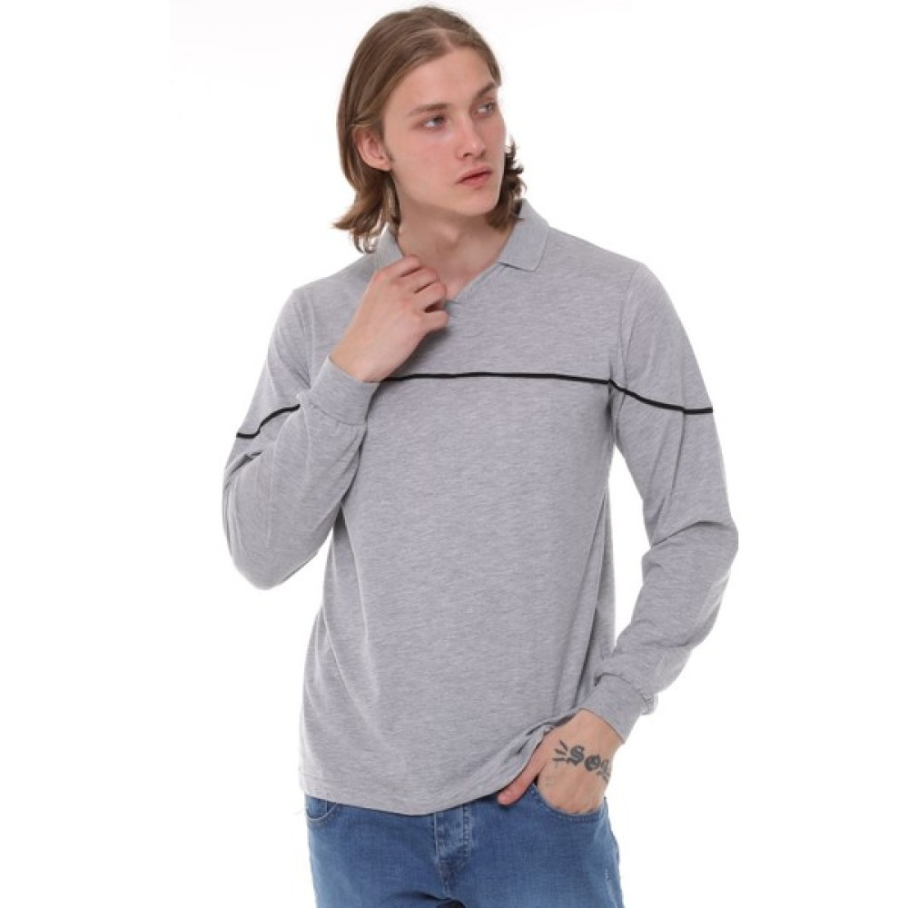 Uniprom Uzun Kollu T- Shirt Penye Polo Yaka Pamuk Gri Melanj Erkek Erkek Sweatshirt Fiyatı