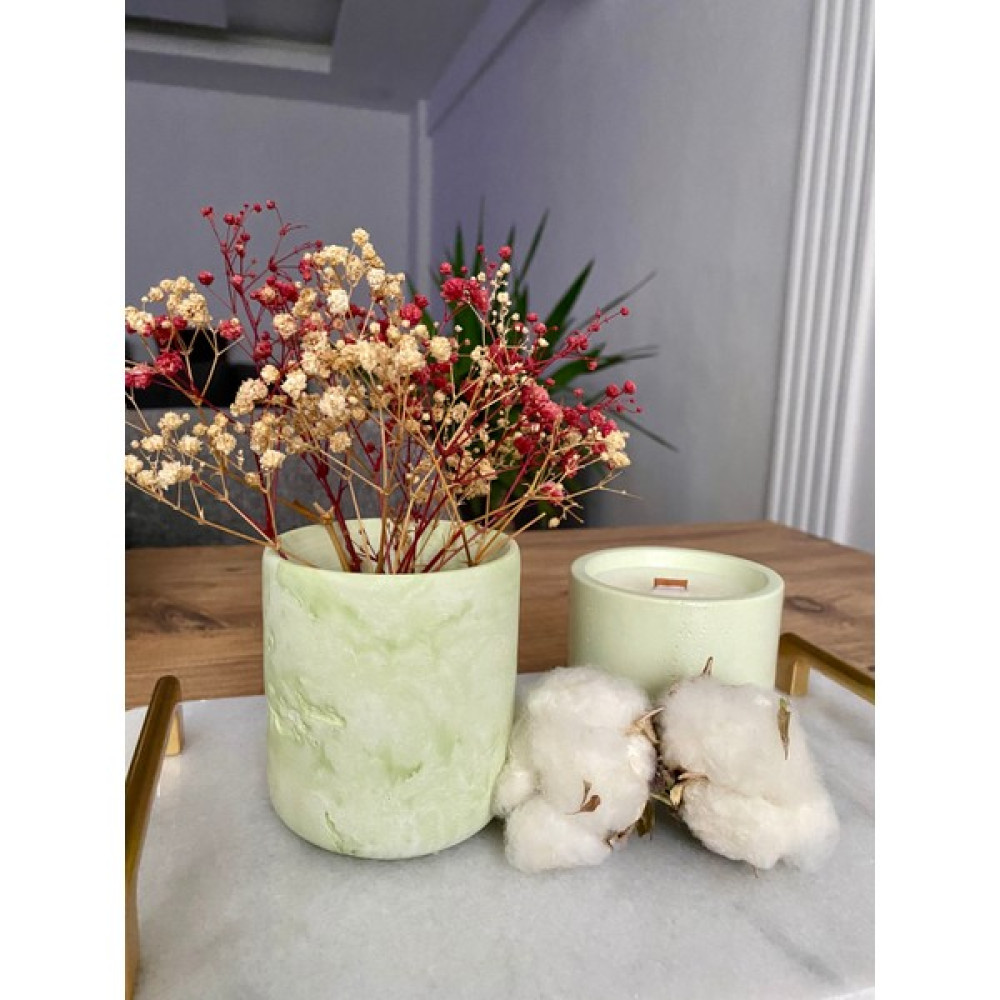Unique and Basic Çay Yeşili Alaca Desenli El Yapımı Dekoratif Beton Vazo, Kalemlik, Fırçalık - Açık Yeşil Vazo Fiyatı