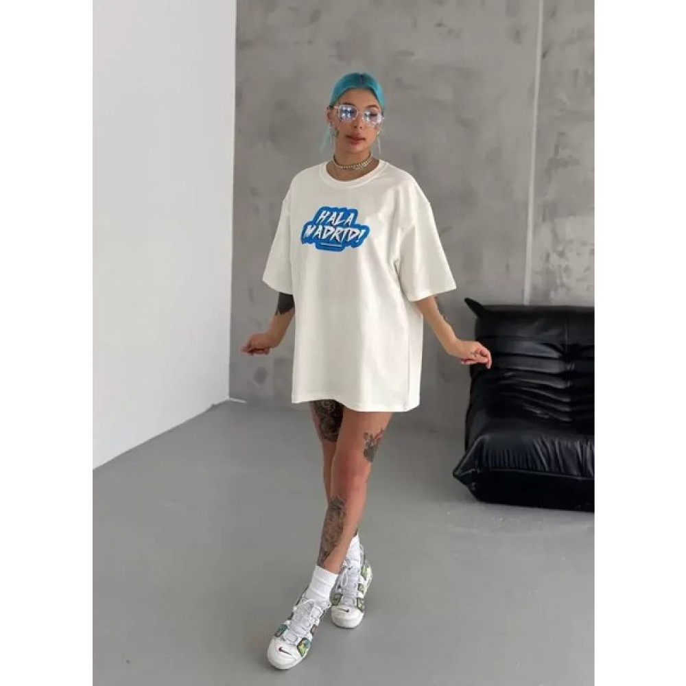 Unisex Bisiklet Yaka Baskılı Oversize T-Shirt - Beyaz - Gri Oto Boyaları Fiyatı