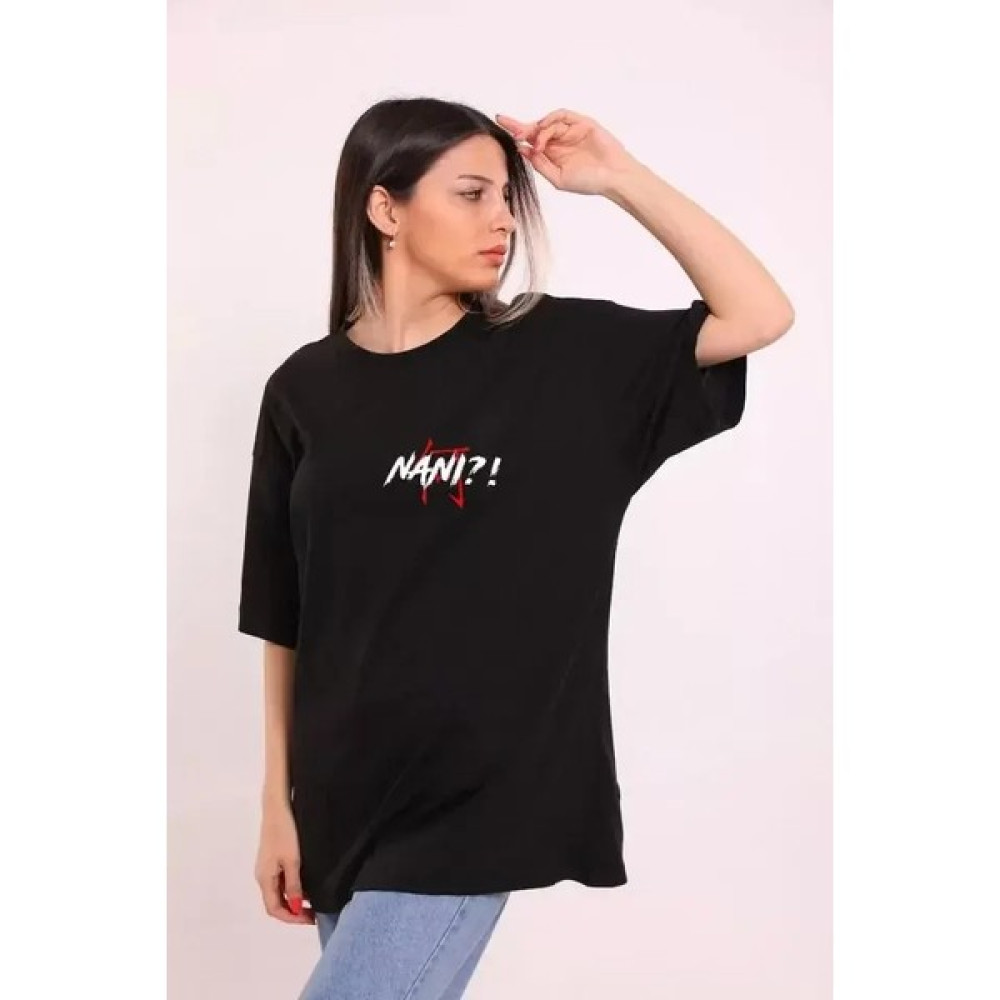 Unisex Bisiklet Yaka Baskılı Oversize T-Shirt - Siyah - Gri Oto Boyaları Fiyatı