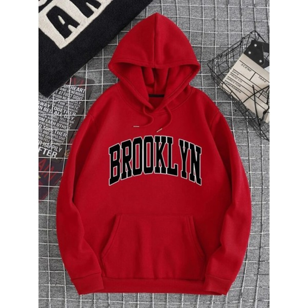 Unisex Brooklyn Baskılı Oversize Kapüşonlu Kırmızı Sweatshirt Bayan Sweatshirt Fiyatı