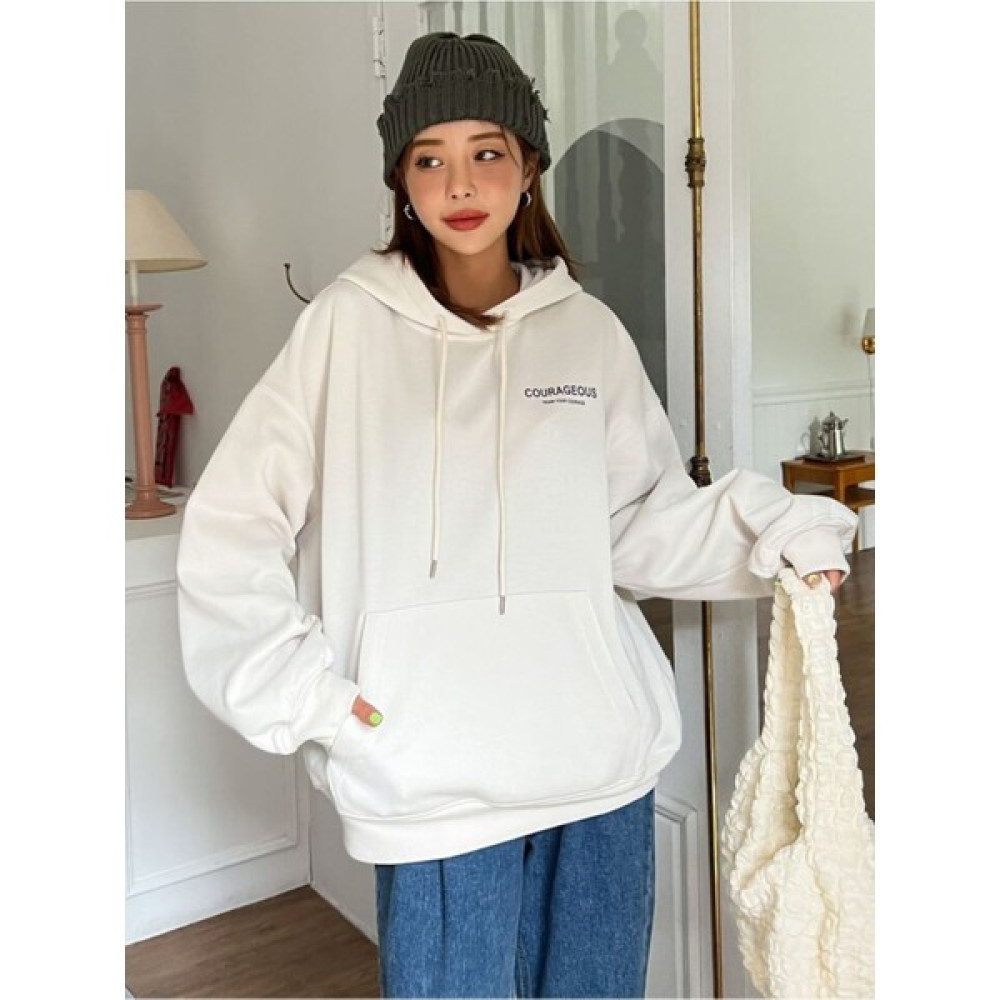 Unisex Courageous Baskılı Kapüşonlu Krem Sweatshirt Bayan Sweatshirt Fiyatı