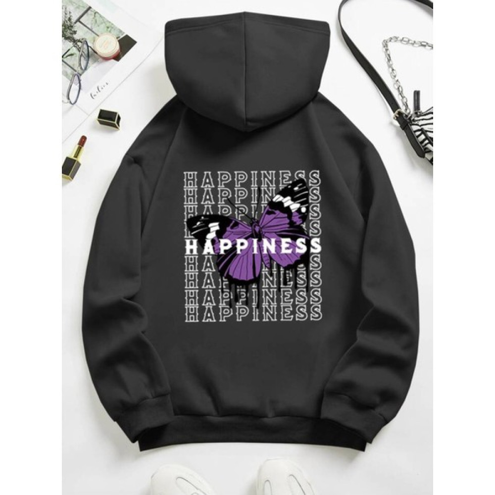 Unisex Happiness Kelebek Baskılı Siyah Oversize Kapüşonlu Sweatshirt Bayan Sweatshirt Fiyatı