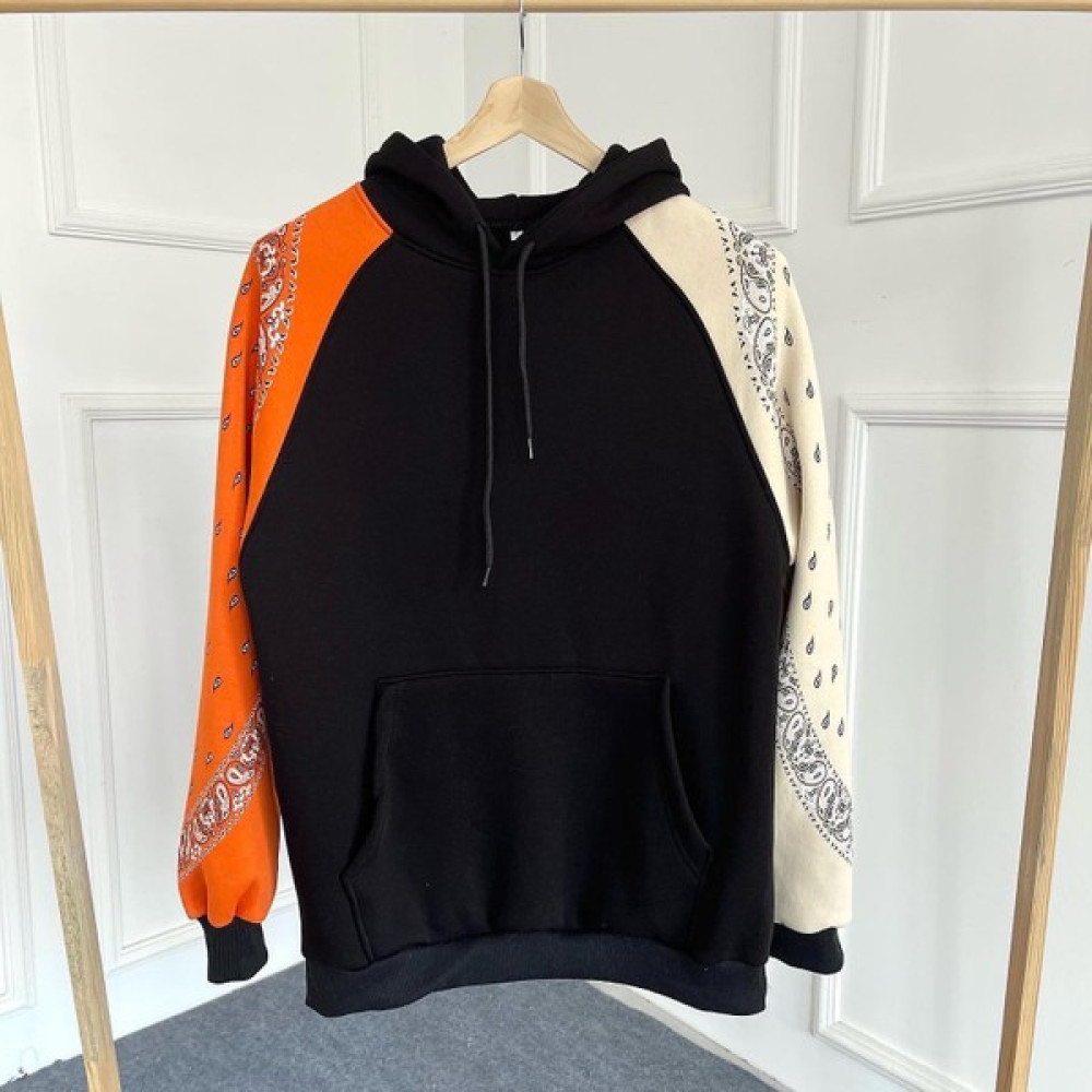 Ünisex Kolları Desenli Kapüşonlu Siyah Turuncu Bej Beyaz Mavi Sweat Erkek Sweatshirt Fiyatı