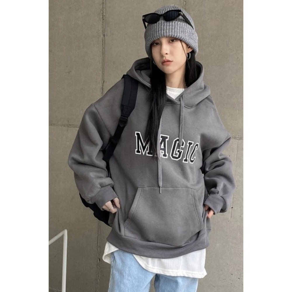 Unisex Magic Baskılı Oversize Kapüşonlu Koyu Gri Sweatshirt Bayan Sweatshirt Fiyatı