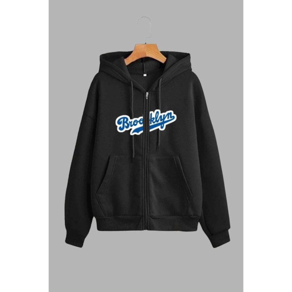 Unisex Siyah Kapüşonlu Sweatshirt Ceket Brooklyn Baskılı Bayan Ceket Fiyatı